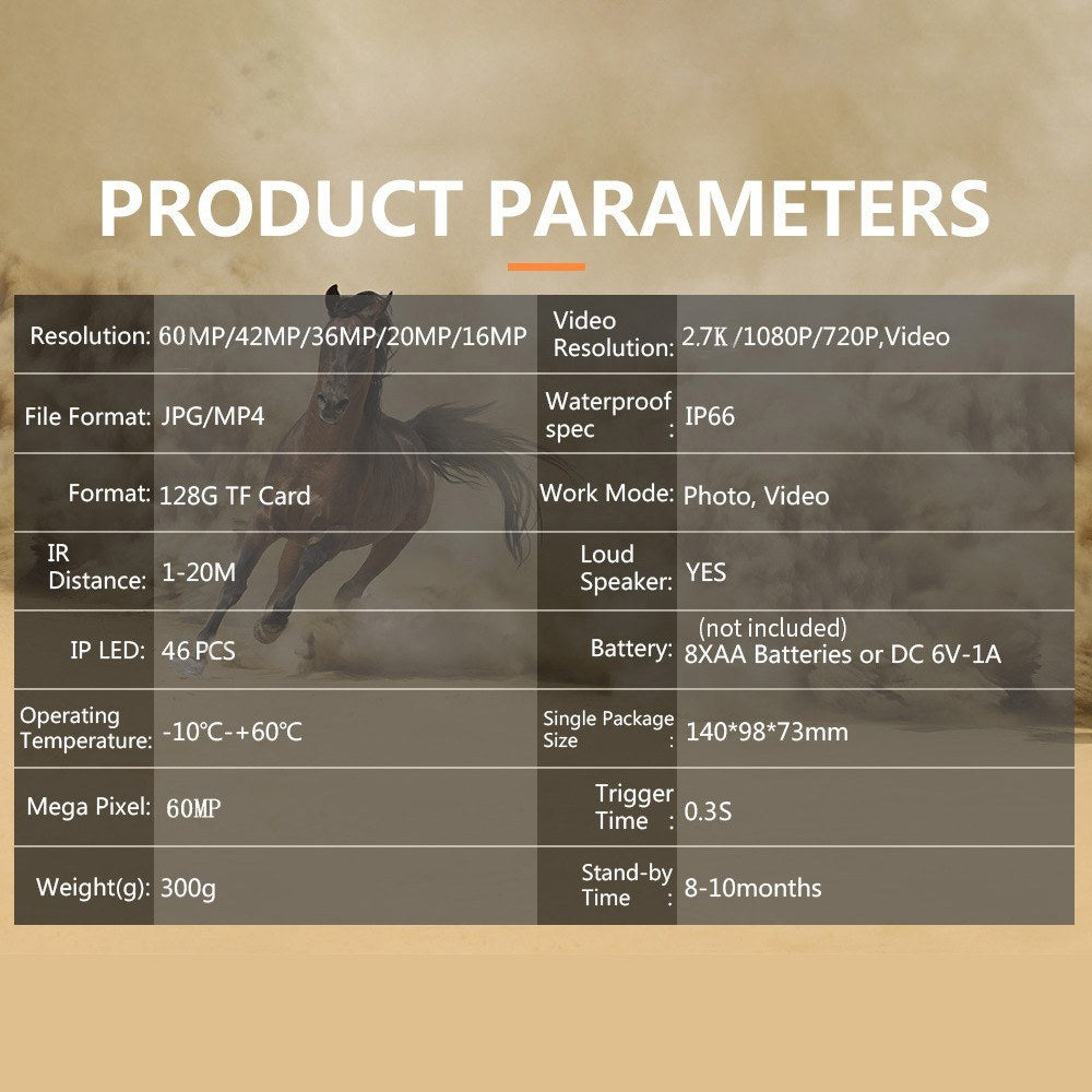 2.7K 60MP wasserdichte Nachtsicht-Spionagekamera mit 2-Zoll-Bildschirm zur Wildtierüberwachung