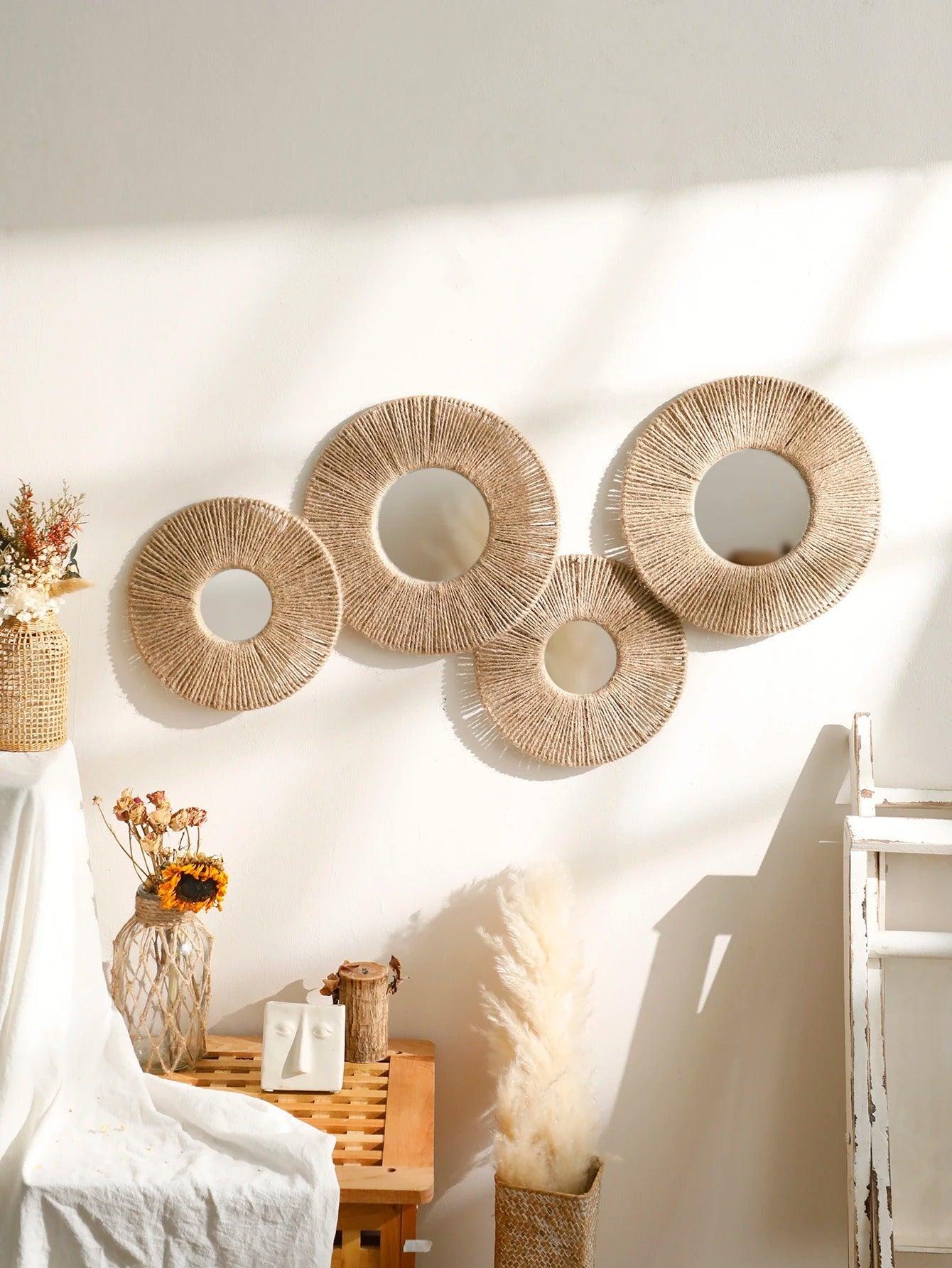 Runde dekorative Wandspiegel im Boho-Stil mit gewebtem Hanfseil