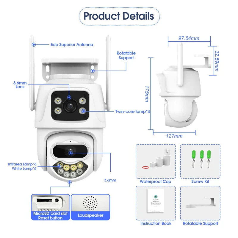 6MP Dual-Lens WLAN-Sicherheitskamera für den Außenbereich, HD-Nachtsicht, Bewegungserkennung, automatische Verfolgung, wasserdicht, Sirenenalarm, ICSEE App Fernanzeige