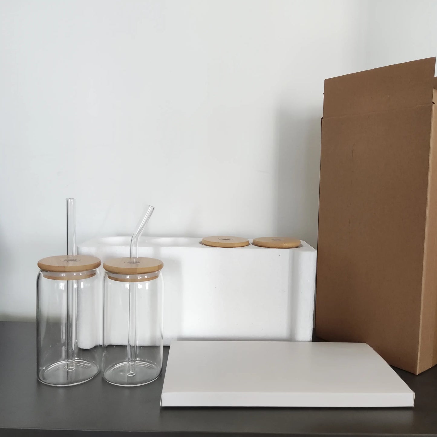 Frendorf | 16oz Glas Getränk Tee Cocktail Glas Kaffeetasse Trinkgläser mit Bambusdeckeln und Glasstrohhalm Set