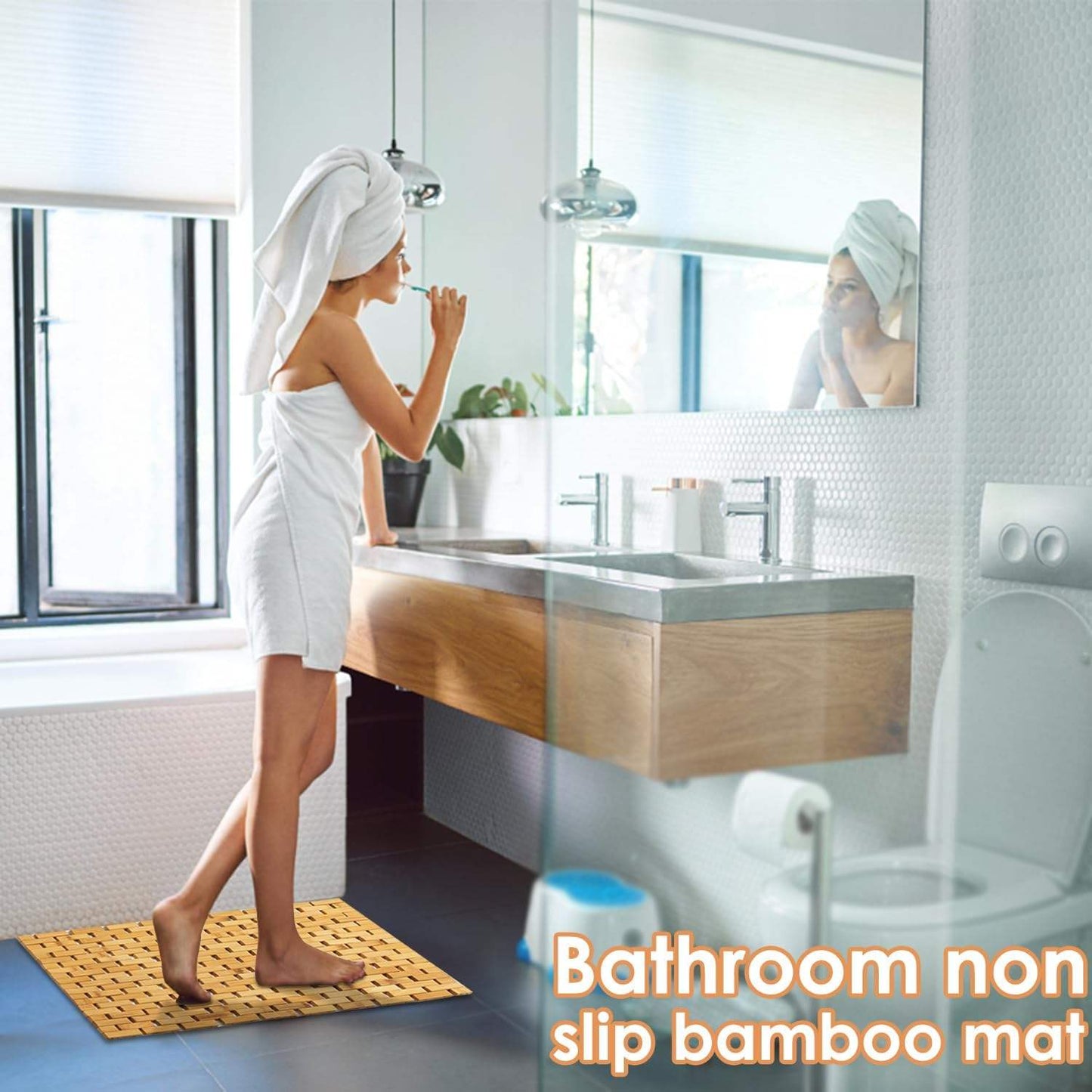Frendorf | Bambus-Badmatte Rutschfest Wasserabweisender Läuferteppich Für Badezimmer Naturholz Badezimmer Dusche Fußteppich Rutschfester Stoff