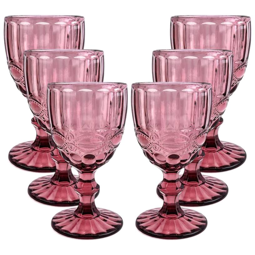 Frendorf | 300ml Pink Victorian Vintage Weinglas Set von 6 - Nachhaltiges Glas, Elegantes Design für Weinliebhaber