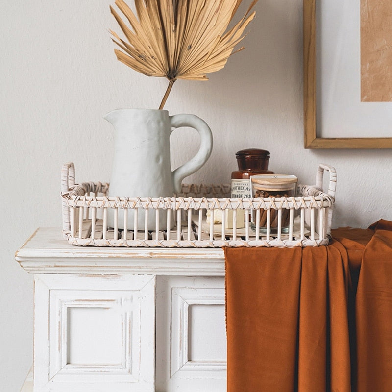 Frendorf | CaneCraft Rechteckiges Handgefertigtes Rattan Tablett | Boho-Design | Vielseitiges Serviertablett | Natürlich & Stilvoll