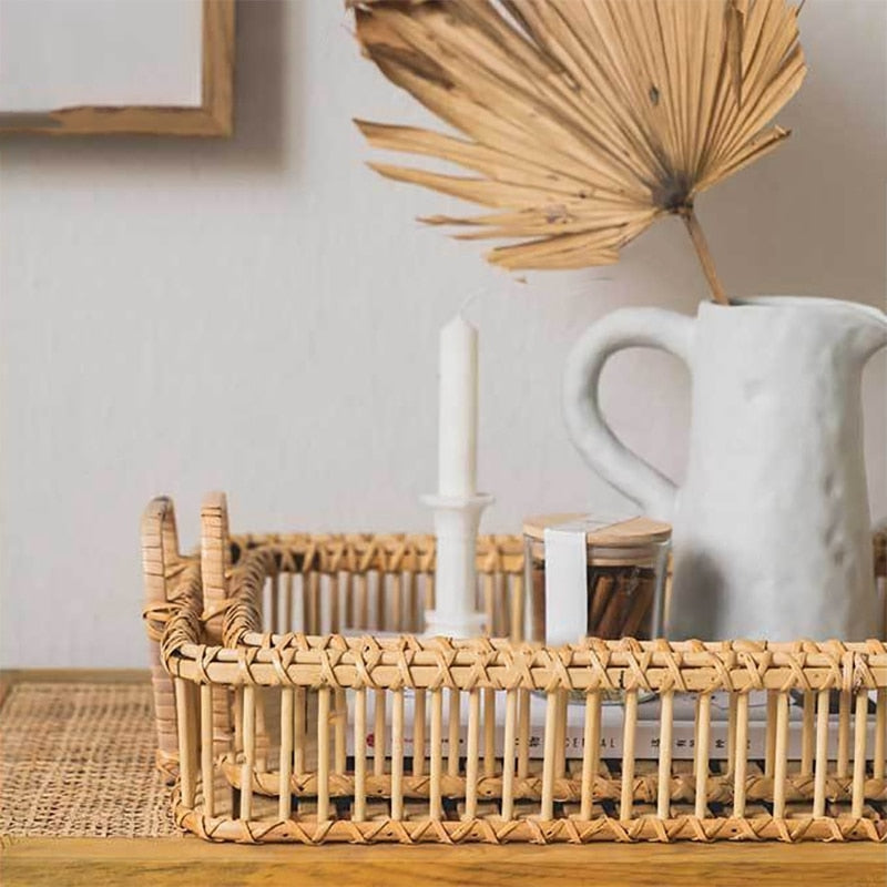 Frendorf | CaneCraft Rechteckiges Handgefertigtes Rattan Tablett | Boho-Design | Vielseitiges Serviertablett | Natürlich & Stilvoll