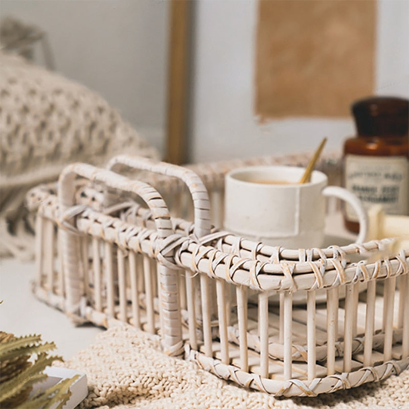 Frendorf | CaneCraft Rechteckiges Handgefertigtes Rattan Tablett | Boho-Design | Vielseitiges Serviertablett | Natürlich & Stilvoll