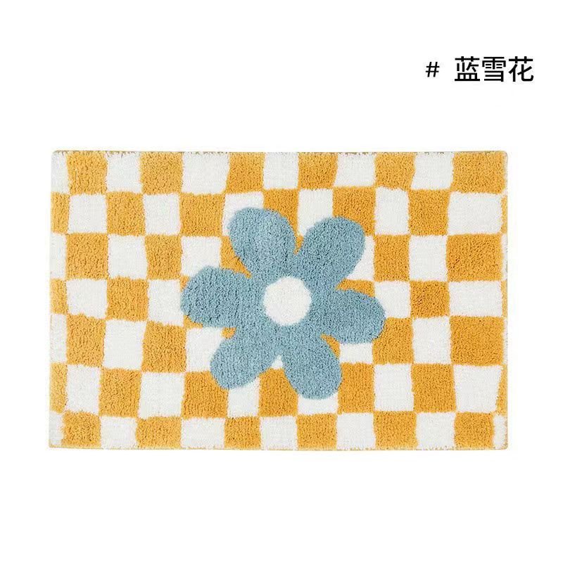 Vintage Schachbrett Karo Badteppiche - Gemütlicher Retro Blumen Teppich für Badezimmer und Wohnkultur