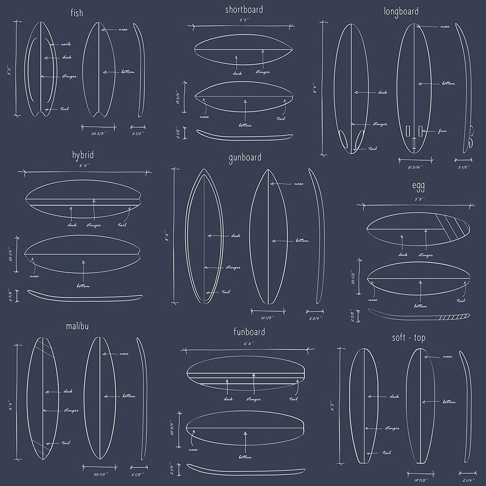 Frendorf | Dunkelblaue Vlies-Tapete mit Skizzen von Surfbrettern 128871, Regatta Crew, Esta