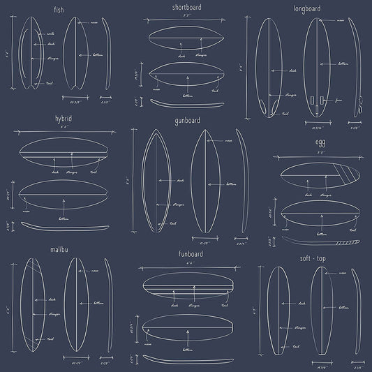 Frendorf | Dunkelblaue Vlies-Tapete mit Skizzen von Surfbrettern 128871, Regatta Crew, Esta