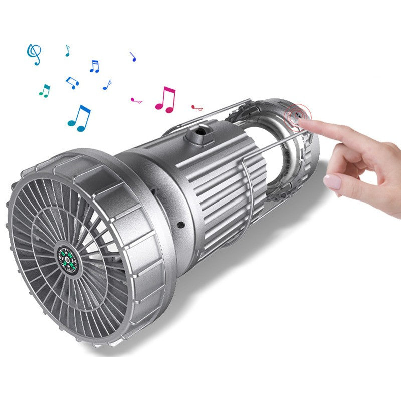 Frendorf | Multifunktionale Solar-Campinglampe mit Ventilator, Bluetooth-Lautsprecher, Power Bank & Kompass