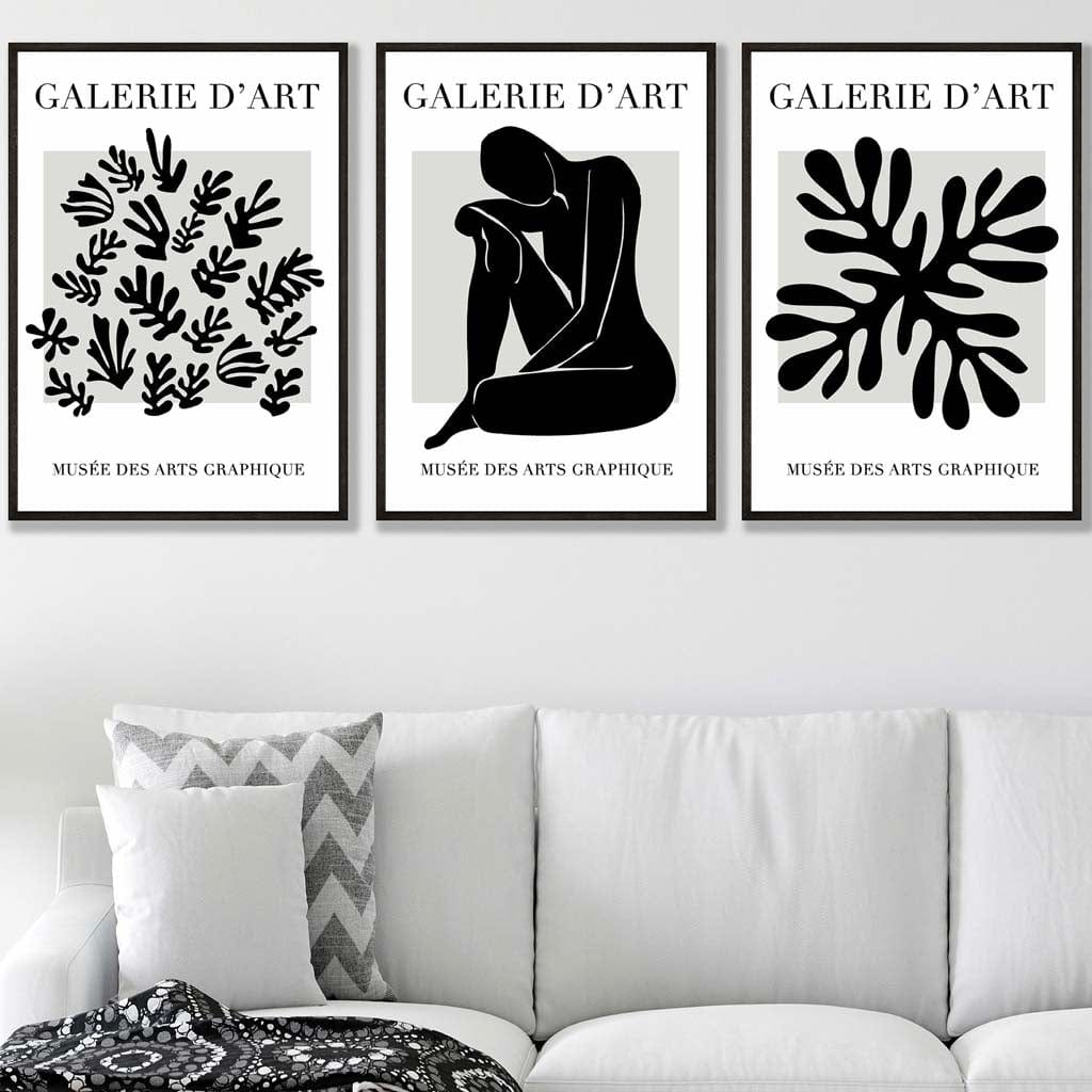 Matisse Floral und Nude Set aus 3 schwarzen und grauen Wandkunst-Drucken / Gerahmt