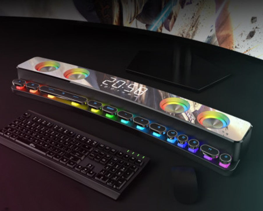 Frendorf | Bluetooth-Gaming-Lautsprecher, mit RGB-Beleuchtung, Bluetooth 5.0, Dual-Diaphragma, Dual-Lautsprecher, mechanische Tasten, Uhr & Wecker