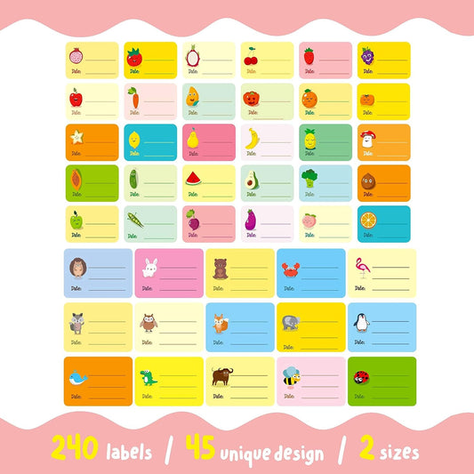 Frendorf | 240 PCS Baby Lebensmittel Etiketten Set in 2 Größen und 45 Designs Wasserfest für Lebensmittelbehälter, Gläser