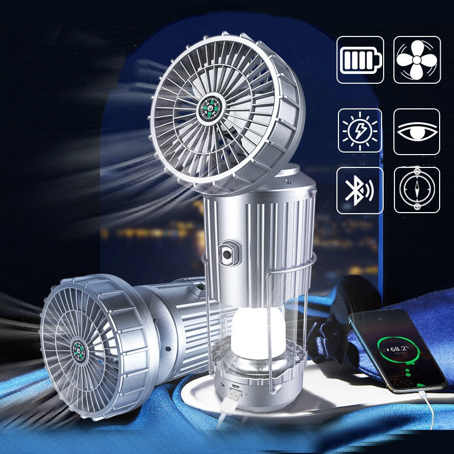 Frendorf | Multifunktionale Solar-Campinglampe mit Ventilator, Bluetooth-Lautsprecher, Power Bank & Kompass