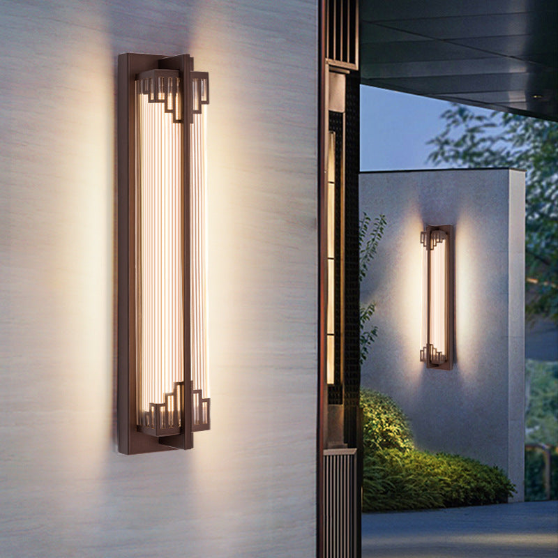 Traditionelle chinesische wasserdichte rechteckige Edelstahl-Glas-LED-Wandleuchte für den Außenbereich Terrasse