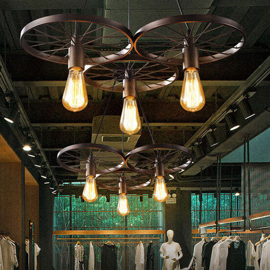 Frendorf | Rustiron Kronleuchter | Industrielles Design mit Eisenrädern | 1/3/6-flammig | Loft- und Wohnraum-Beleuchtung