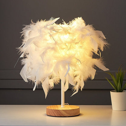 Moderne Art Deco Federweben Holzsockel USB wiederaufladbare LED Tischlampe für das Schlafzimmer