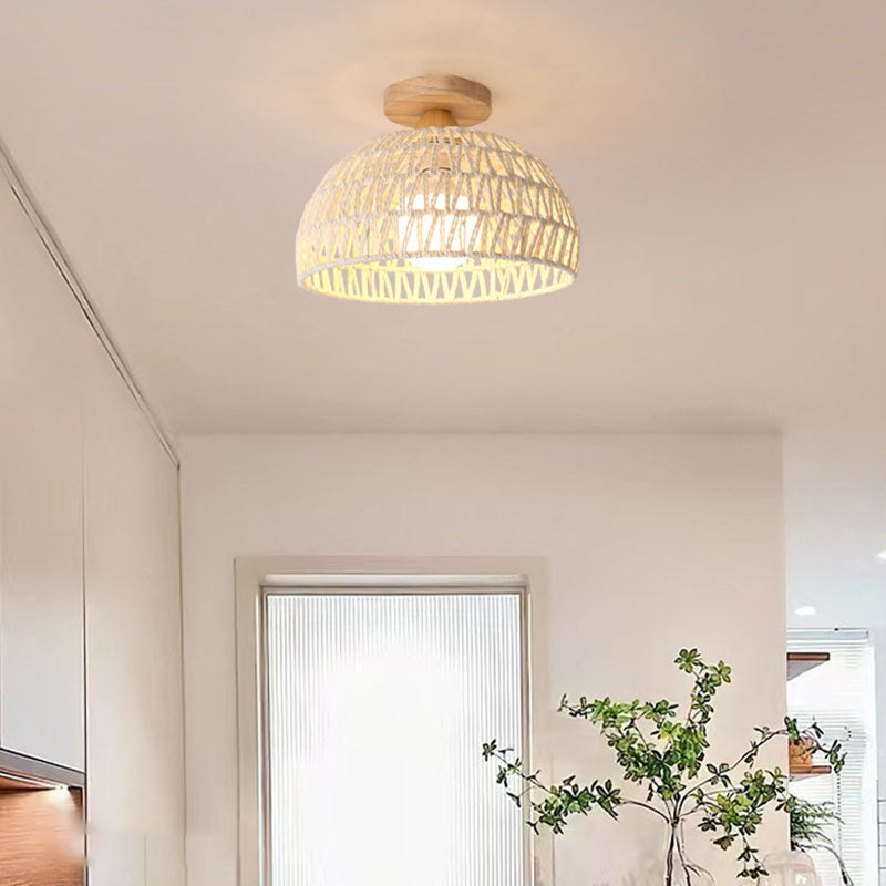 Frendorf | Rattana Deckenleuchte | Japanisches Design | Halbrundes Holz & Rattan | Beleuchtung für Wohnzimmer