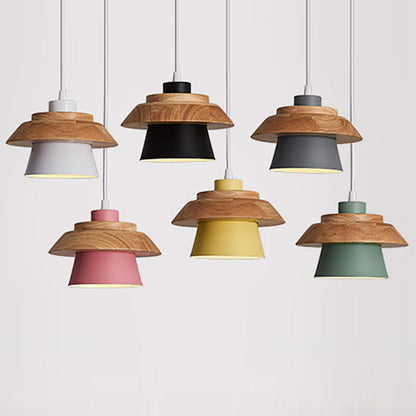 Moderne minimalistische Macaron Disc Runde Holz Eisen 1-Licht Pendelleuchte für Wohnzimmer