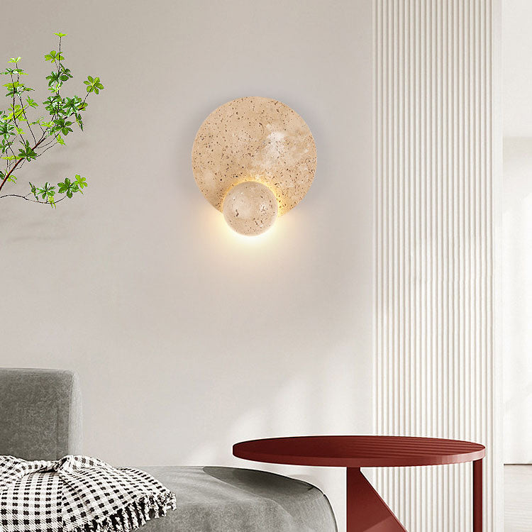 Frendorf | Travura Japanische Travertin-Wandleuchte | Runde LED-Lampe | Warmes Licht für Schlafzimmer | Stilvolles Design