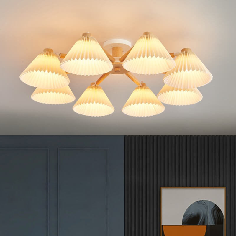 Frendorf | LumiPlea Nordic Holz Deckenleuchte | Plissee-Schirm | 3/6/8-Licht Halbrunde Deckenlampe
