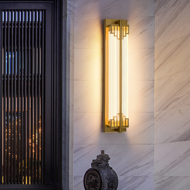 Traditionelle chinesische wasserdichte rechteckige Edelstahl-Glas-LED-Wandleuchte für den Außenbereich Terrasse