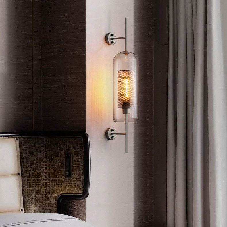 Frendorf | Lumivault Industrial Wandlampe | Zylindrischer Glasschirm | Eisenrahmen | Deko für Schlafzimmer & Wohnräume