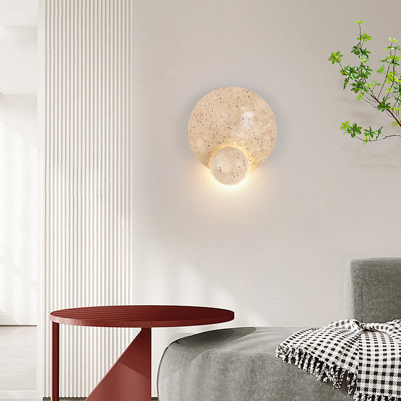 Frendorf | Travura Japanische Travertin-Wandleuchte | Runde LED-Lampe | Warmes Licht für Schlafzimmer | Stilvolles Design