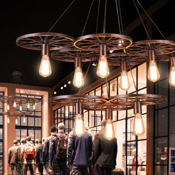 Frendorf | Rustiron Kronleuchter | Industrielles Design mit Eisenrädern | 1/3/6-flammig | Loft- und Wohnraum-Beleuchtung