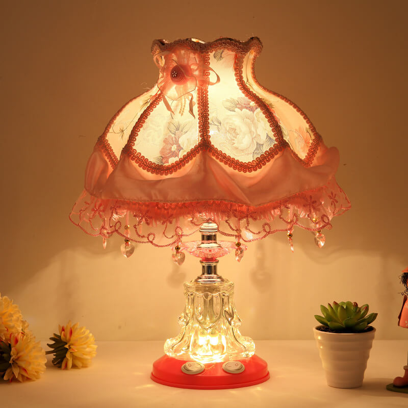 Frendorf | Elarion Glow Tischlampe | Europäisches Design | Stoffschirm & Glasfuß | Dimmbar | Romantische Beleuchtung