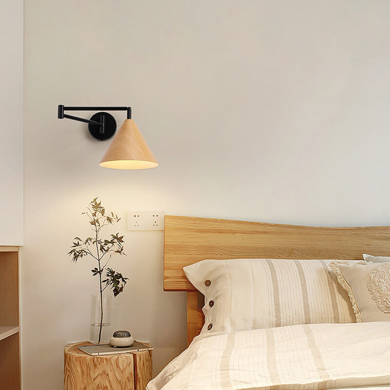Frendorf | LumoNordic Minimalist Cone Swing Arm LED Wandlampe | Holzmaserung | Flexibler Schwenkarm | Stimmungslicht | Deko für Zuhause