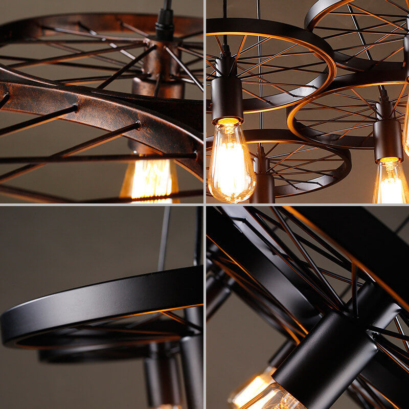 Frendorf | Rustiron Kronleuchter | Industrielles Design mit Eisenrädern | 1/3/6-flammig | Loft- und Wohnraum-Beleuchtung