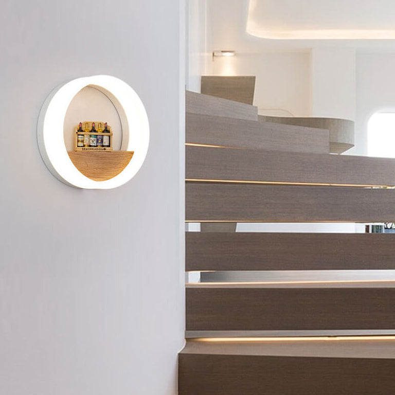 Frendorf | Lumoshelf LED Wandleuchte | Massivholz mit Ablage | Runde Wandlampe | Warm- & Weißlicht
