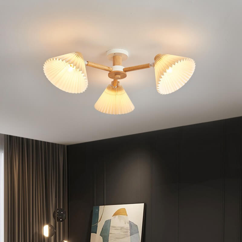 Frendorf | LumiPlea Nordic Holz Deckenleuchte | Plissee-Schirm | 3/6/8-Licht Halbrunde Deckenlampe