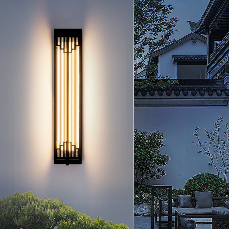 Traditionelle chinesische wasserdichte rechteckige Edelstahl-Glas-LED-Wandleuchte für den Außenbereich Terrasse