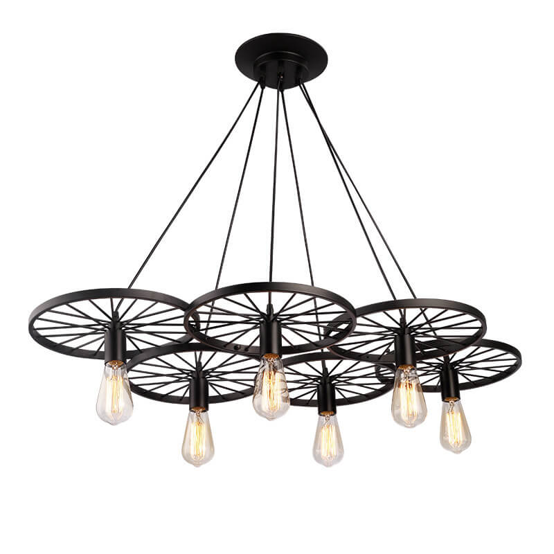 Frendorf | Rustiron Kronleuchter | Industrielles Design mit Eisenrädern | 1/3/6-flammig | Loft- und Wohnraum-Beleuchtung