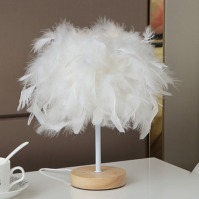 Moderne Art Deco Federweben Holzsockel USB wiederaufladbare LED Tischlampe für das Schlafzimmer