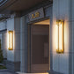 Traditionelle chinesische wasserdichte rechteckige Edelstahl-Glas-LED-Wandleuchte für den Außenbereich Terrasse