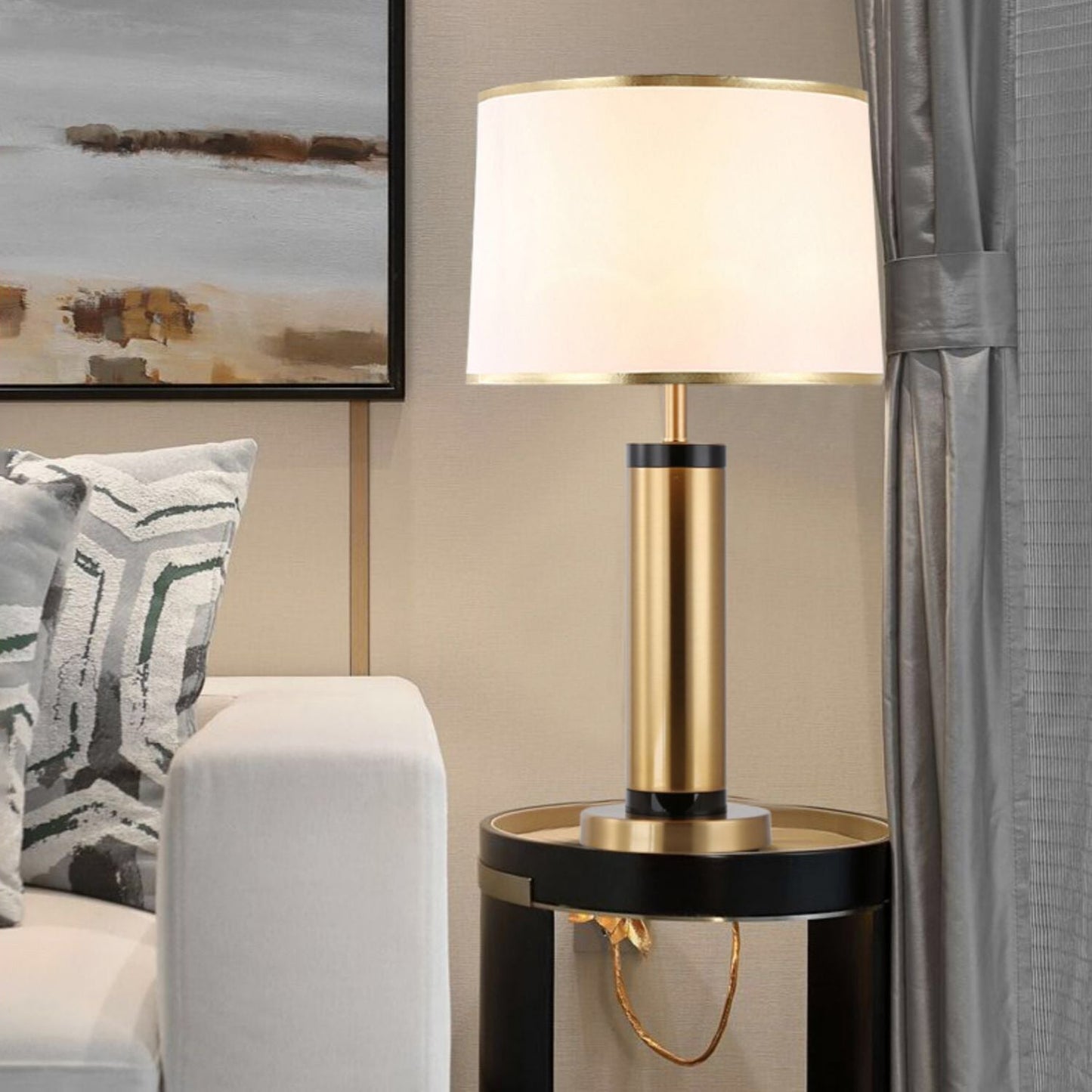 Moderne Übergangs-Zylinder-Eisen-Stoff 1-Lampe Tischlampe für das Wohnzimmer