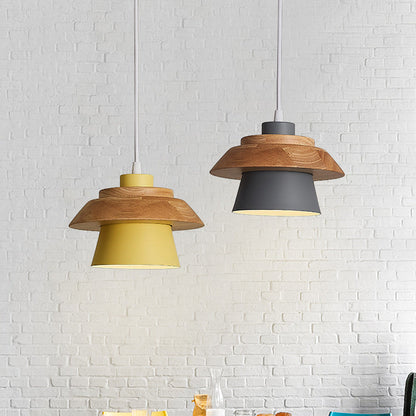 Moderne minimalistische Macaron Disc Runde Holz Eisen 1-Licht Pendelleuchte für Wohnzimmer
