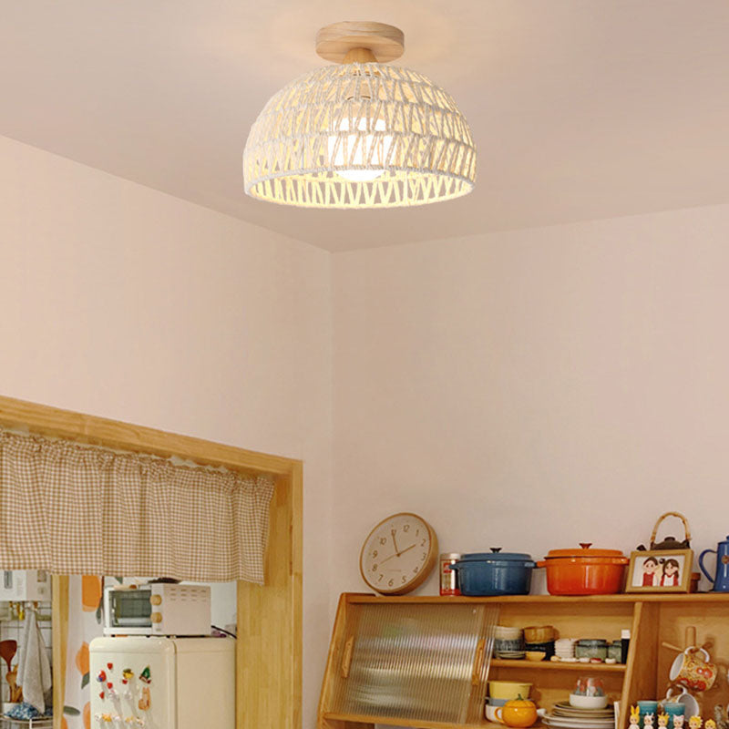 Frendorf | Rattana Deckenleuchte | Japanisches Design | Halbrundes Holz & Rattan | Beleuchtung für Wohnzimmer