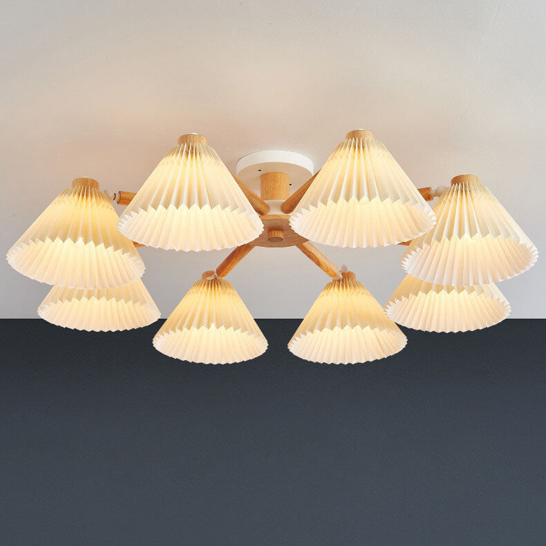 Frendorf | LumiPlea Nordic Holz Deckenleuchte | Plissee-Schirm | 3/6/8-Licht Halbrunde Deckenlampe