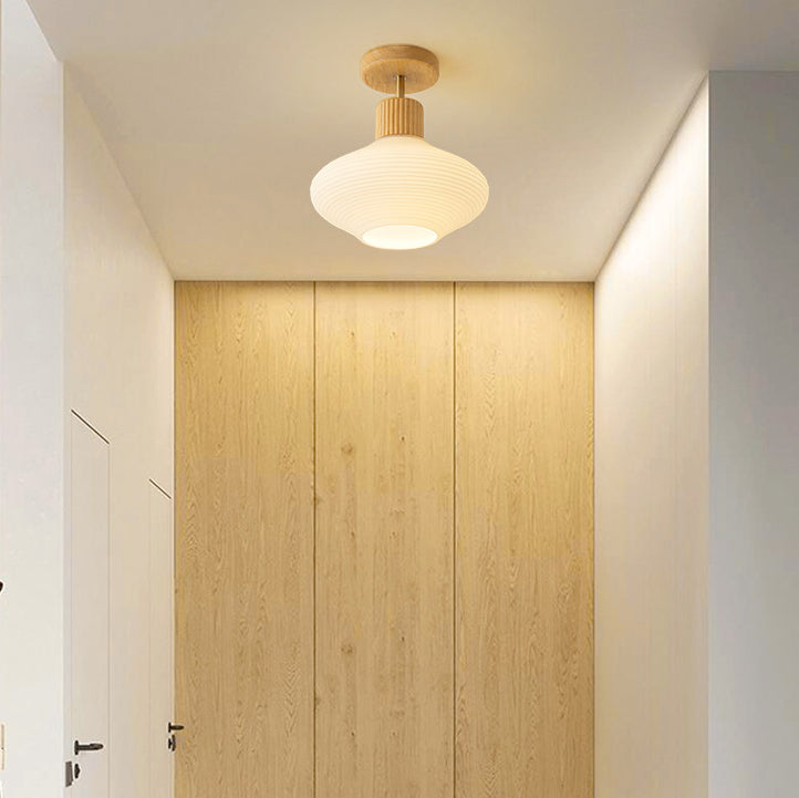 Frendorf | GlowLoom Nordic Oval Deckenleuchte | Holzstreifen Glasdesign | Halbrunde LED Lampe | Moderne Beleuchtung