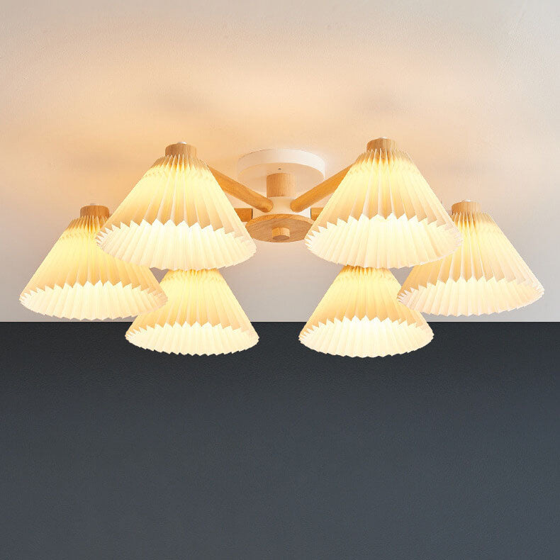 Frendorf | LumiPlea Nordic Holz Deckenleuchte | Plissee-Schirm | 3/6/8-Licht Halbrunde Deckenlampe