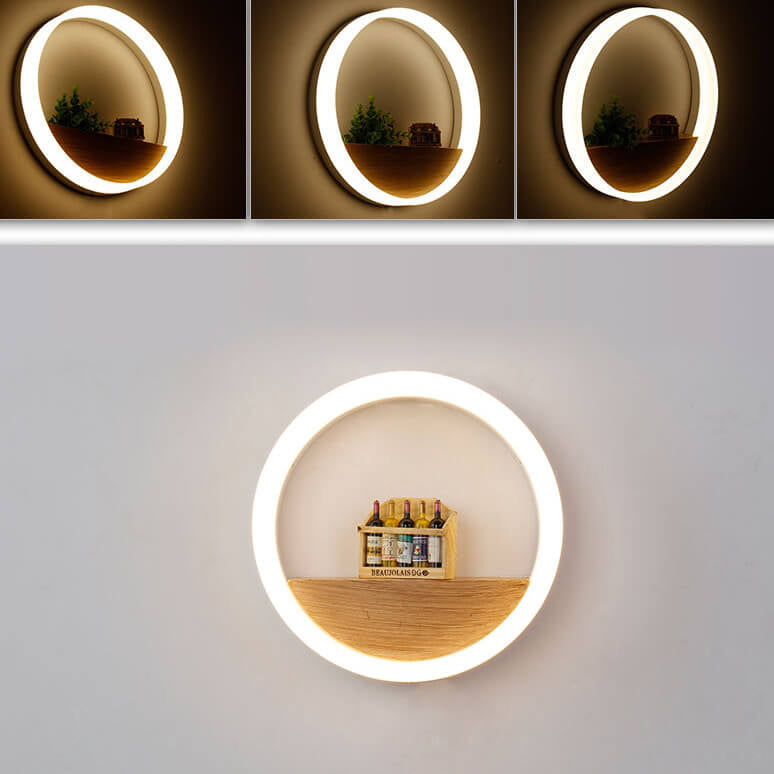 Frendorf | Lumoshelf LED Wandleuchte | Massivholz mit Ablage | Runde Wandlampe | Warm- & Weißlicht