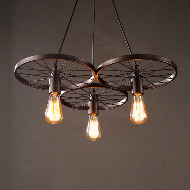 Frendorf | Rustiron Kronleuchter | Industrielles Design mit Eisenrädern | 1/3/6-flammig | Loft- und Wohnraum-Beleuchtung