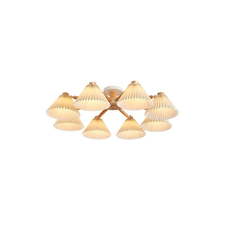 Frendorf | LumiPlea Nordic Holz Deckenleuchte | Plissee-Schirm | 3/6/8-Licht Halbrunde Deckenlampe