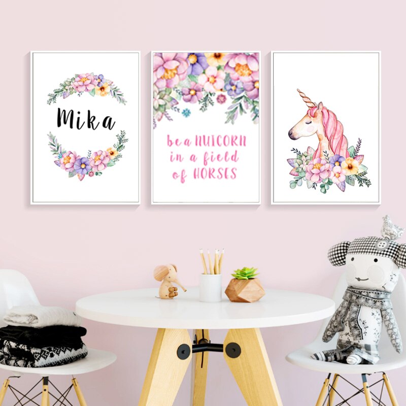 Modern Pink Cartoon Kinderzimmer Dekor Anpassbarer Name - Leinwand Wandkunst Malerei