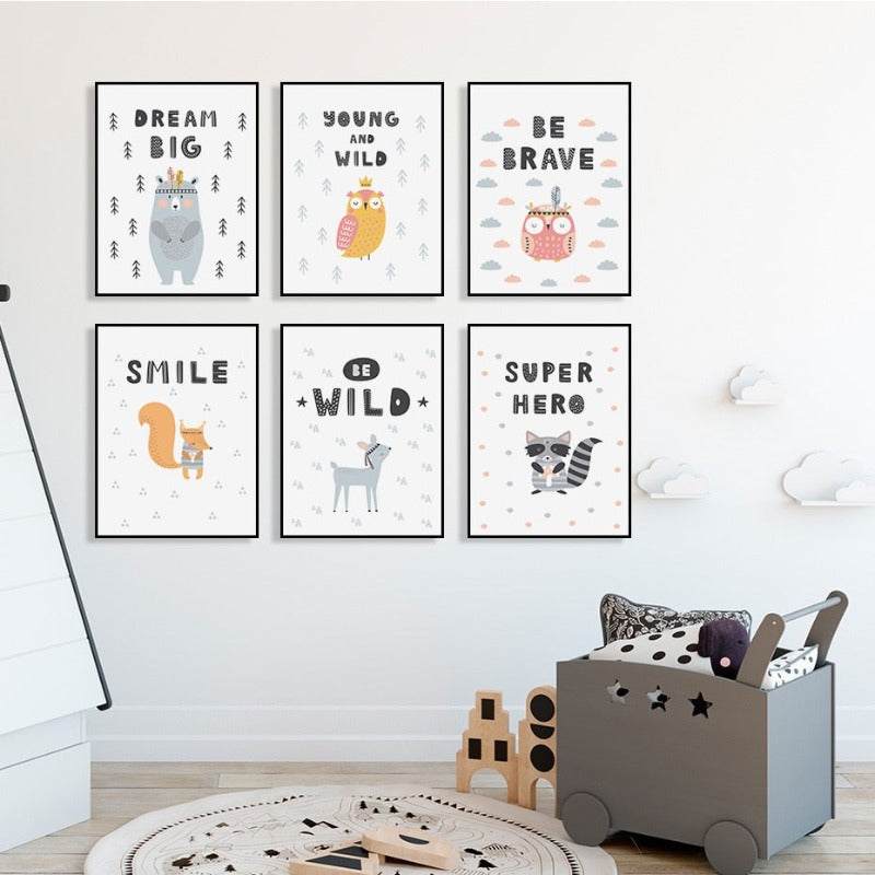 Kleine Waldtiere Eule Gox Bär - Leinwand Wandkunst Gemälde