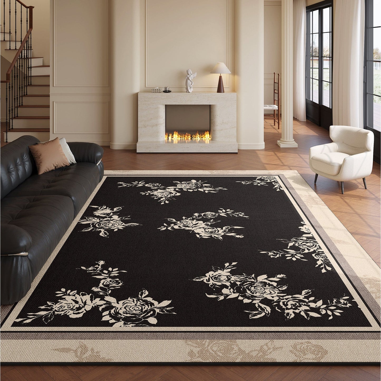 Einfach zu reinigender Teppich Luxe Schwarz Floral Akzent Fleckenbeständig Boho Haustierfreundlich Wohnzimmer Große Fläche Teppich