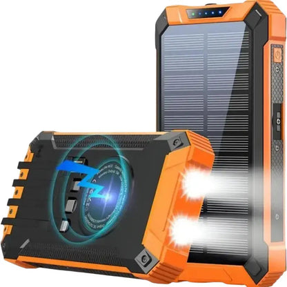 Frendorf | ChargePro Solar Powerbank | Kabelloses Ladegerät | 15W Schnellladefunktion | 6 Ausgänge | Integrierte Kabel | Tragbar & Wasserdicht